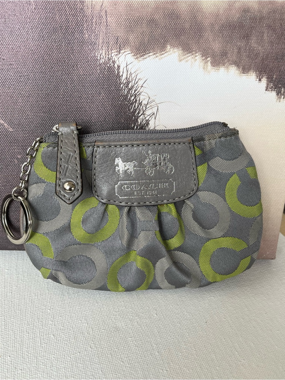 Coach Op Art Gray 🩶💚 Lime Signature Coin Pouch, GUC